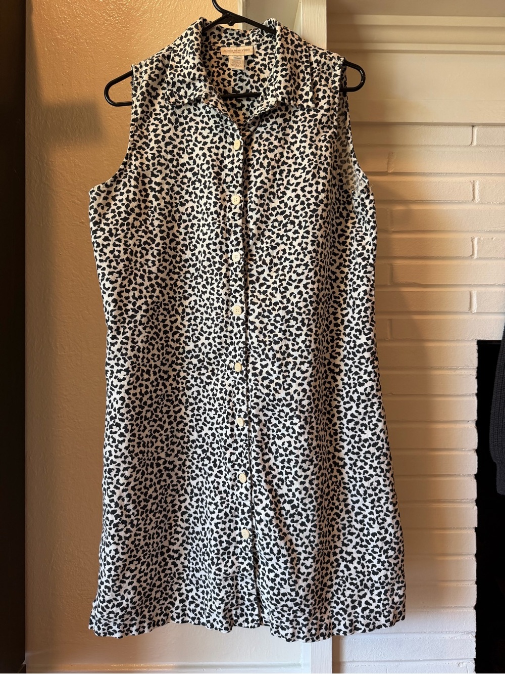 Jones New York Black  White Leopard Print Sleeveless Shirt Dress 100% Linen 12